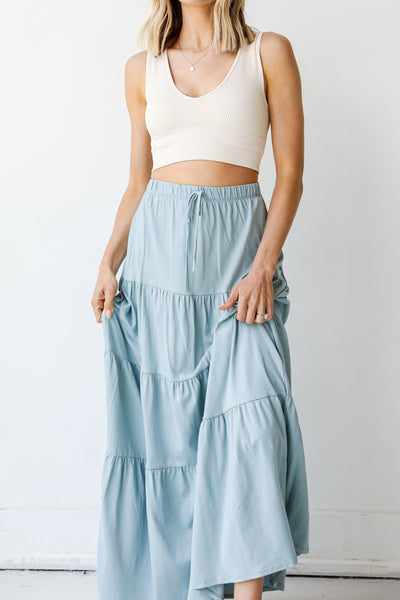 Tiered Maxi Skirt in denim on model