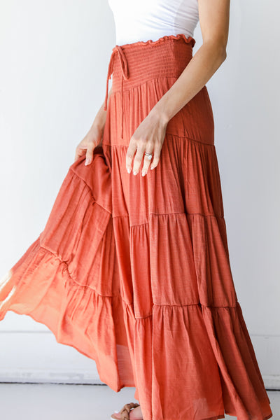 Tiered Maxi Skirt in rust side view