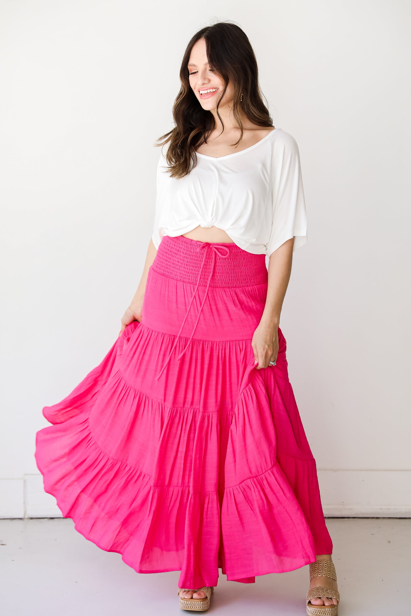 hot pink Tiered Maxi Skirt on model
