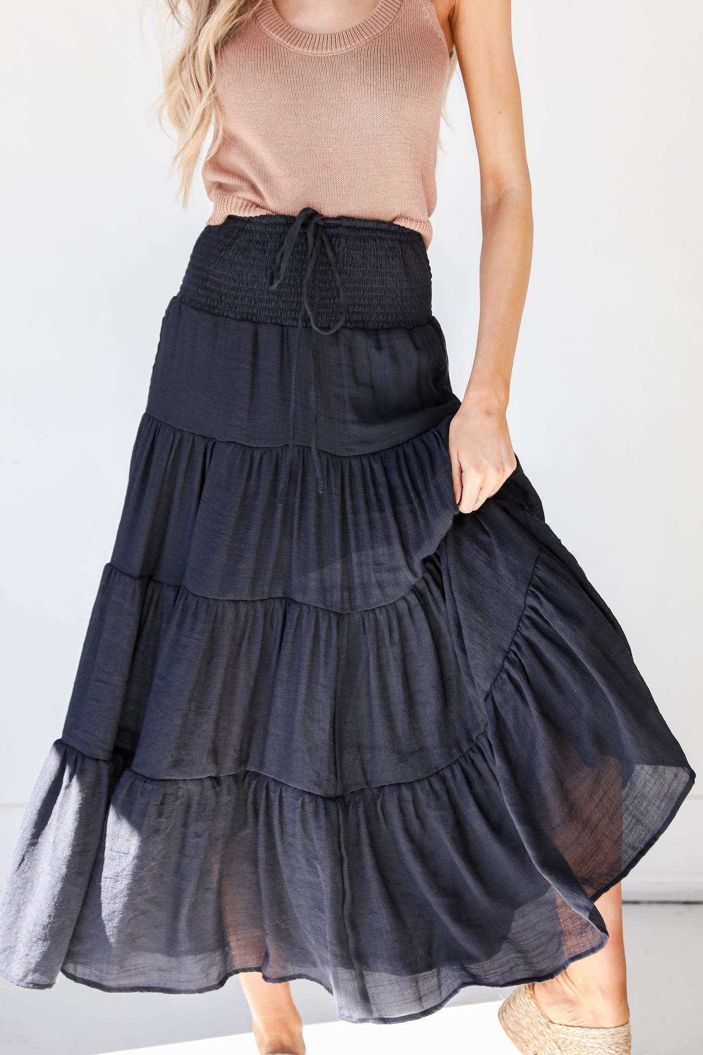 Tiered Maxi Skirt in black on model