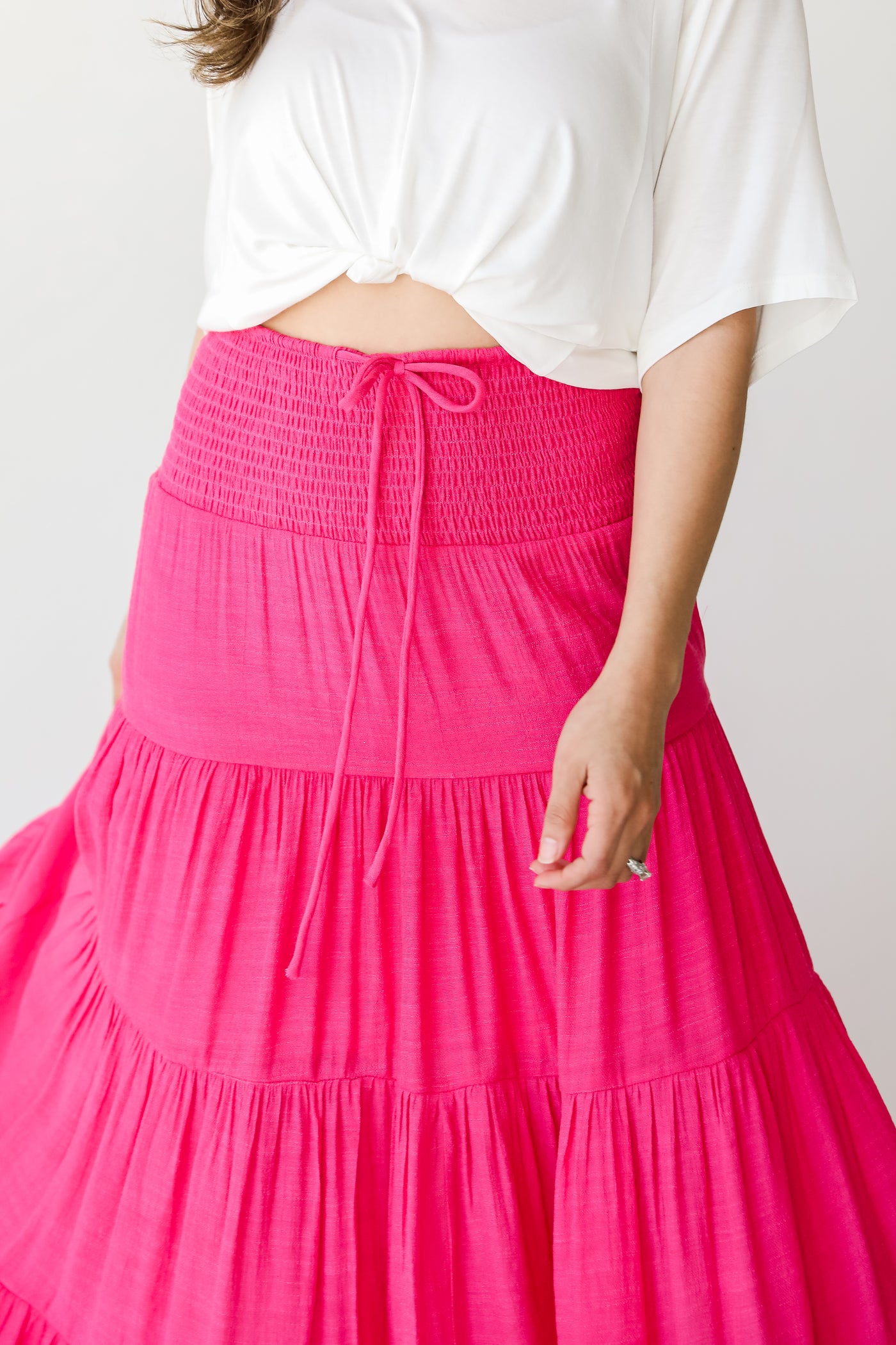 hot pink Tiered Maxi Skirt close up