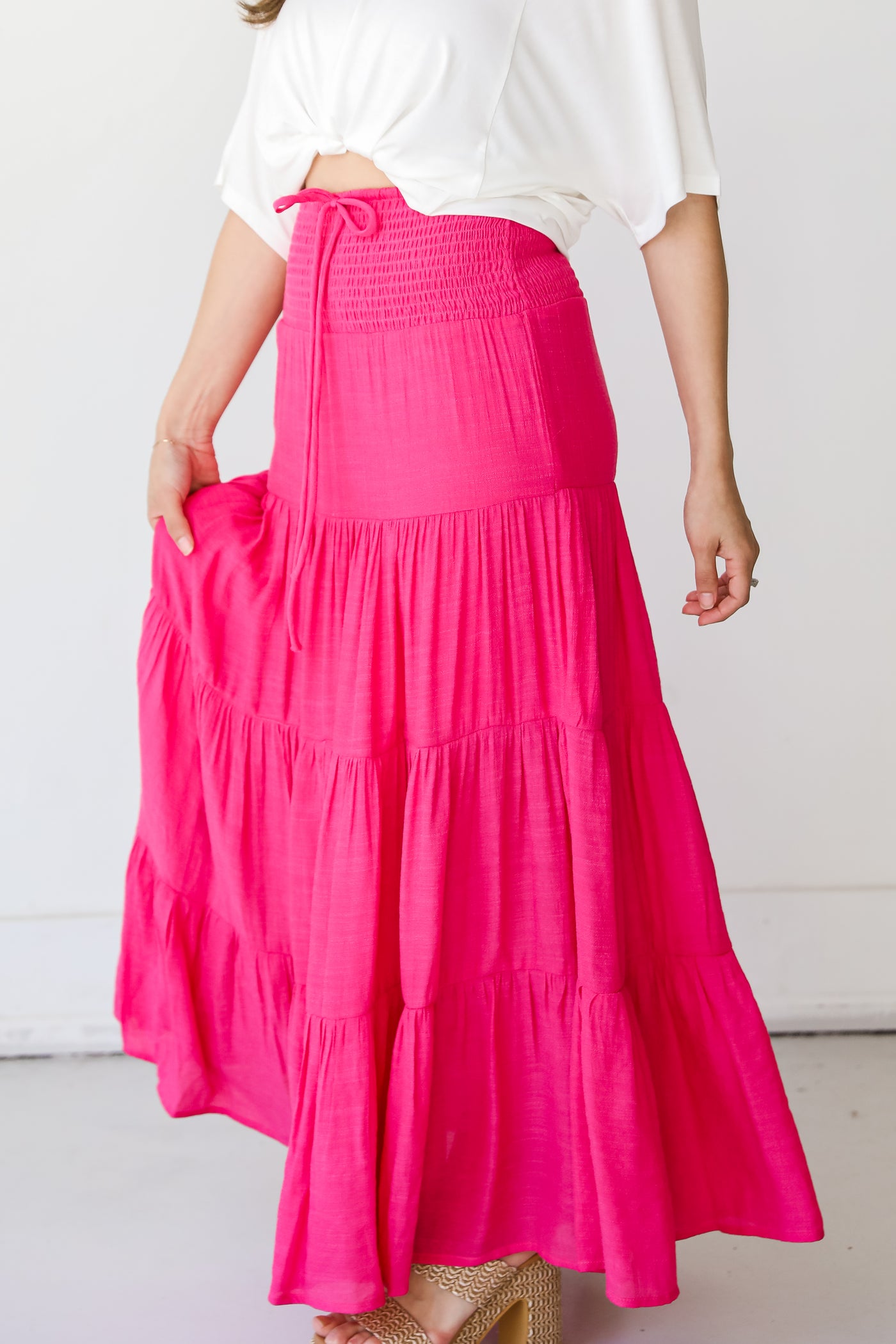 hot pink Tiered Maxi Skirt side view