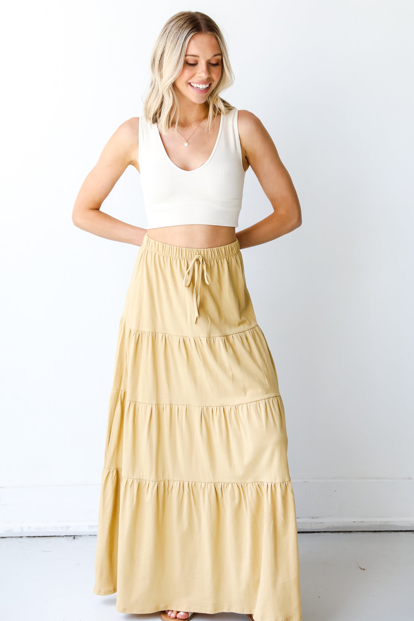 Tiered Maxi Skirt in yellow on model