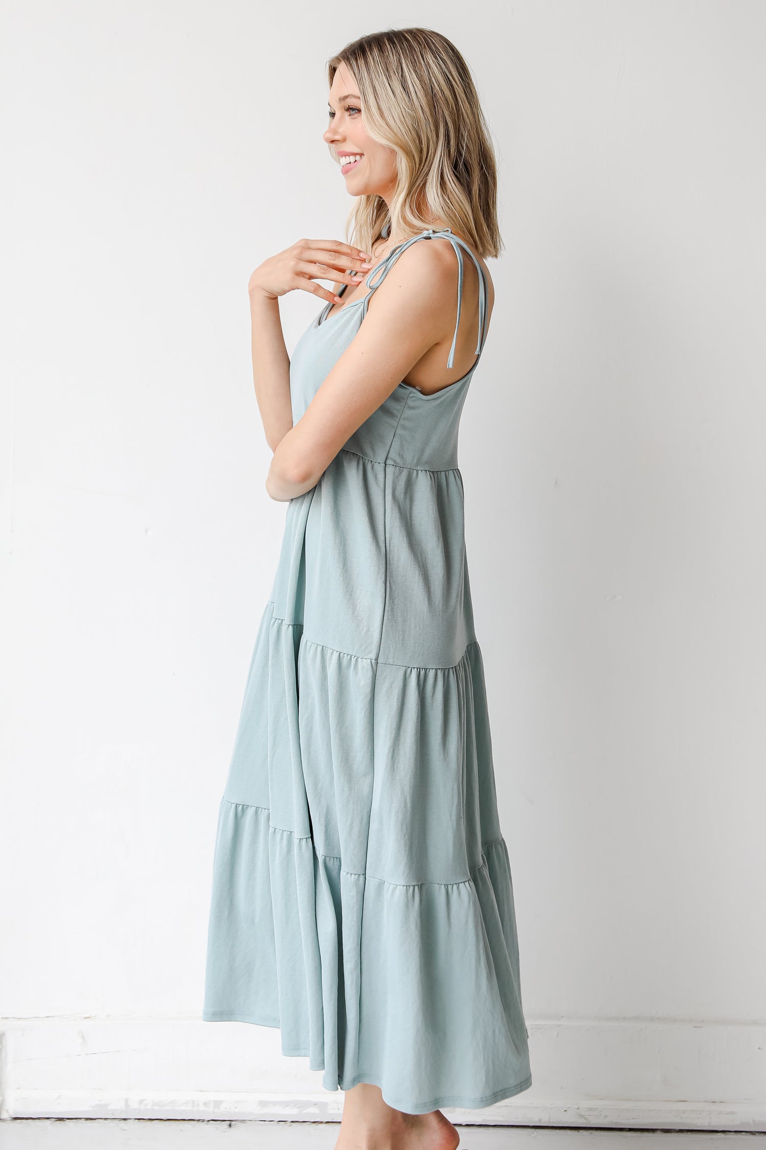 Tiered Midi Dress in sage side view