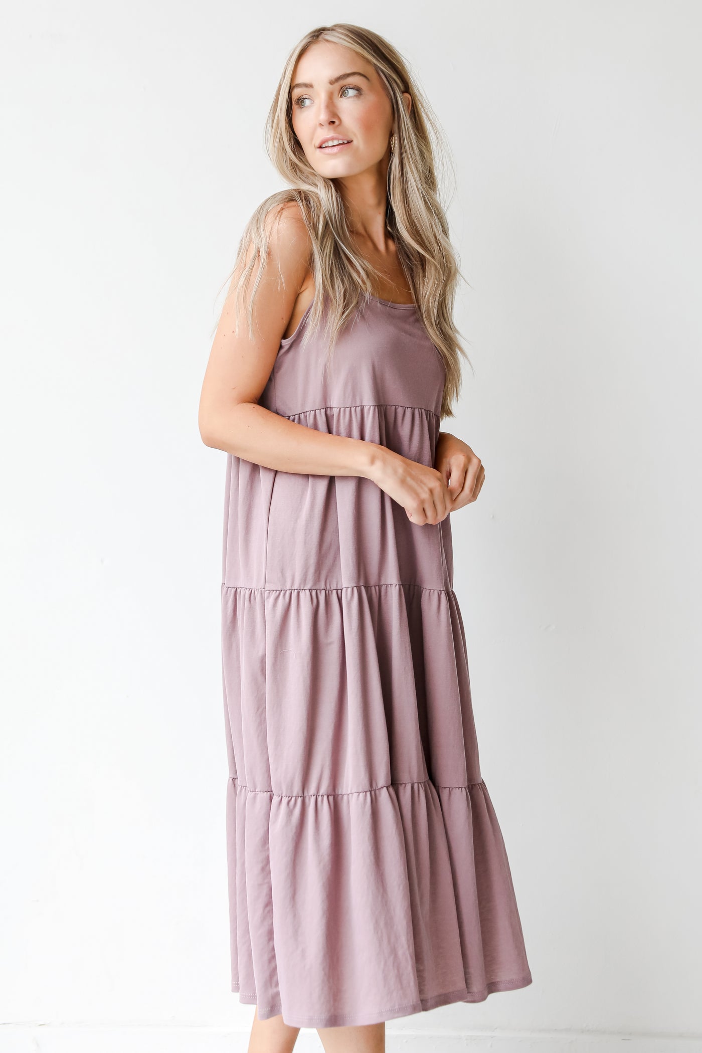 Tiered Midi Dress in lavender side view