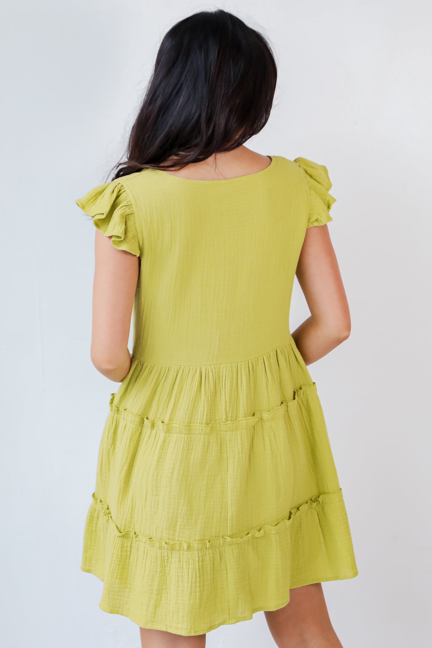 green Linen Tiered Mini Dress back view