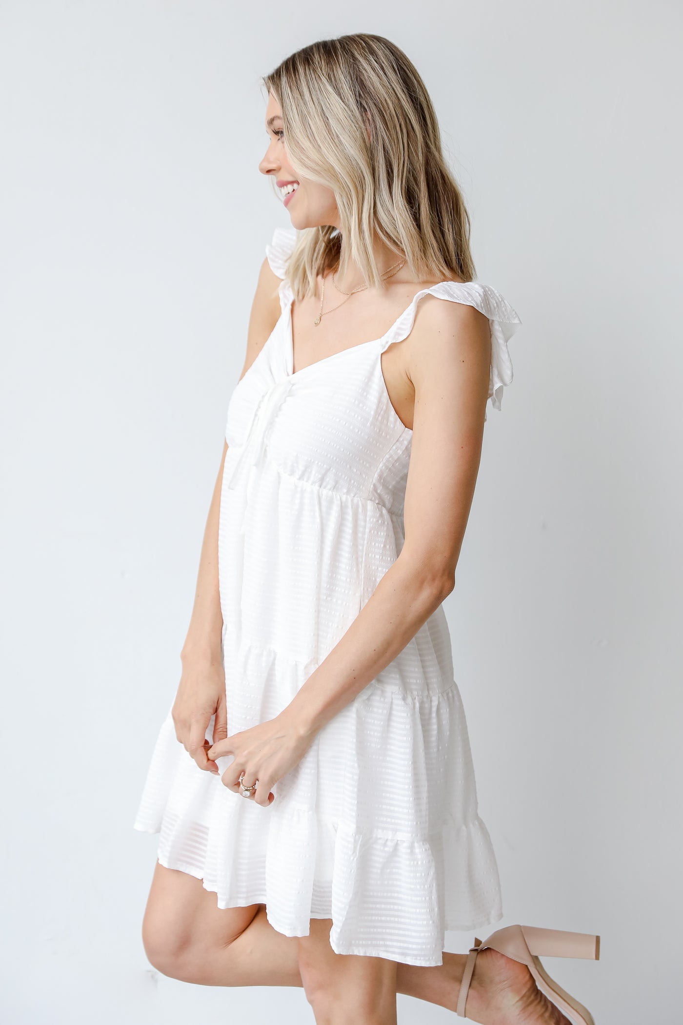 Tiered Mini Dress in white side view