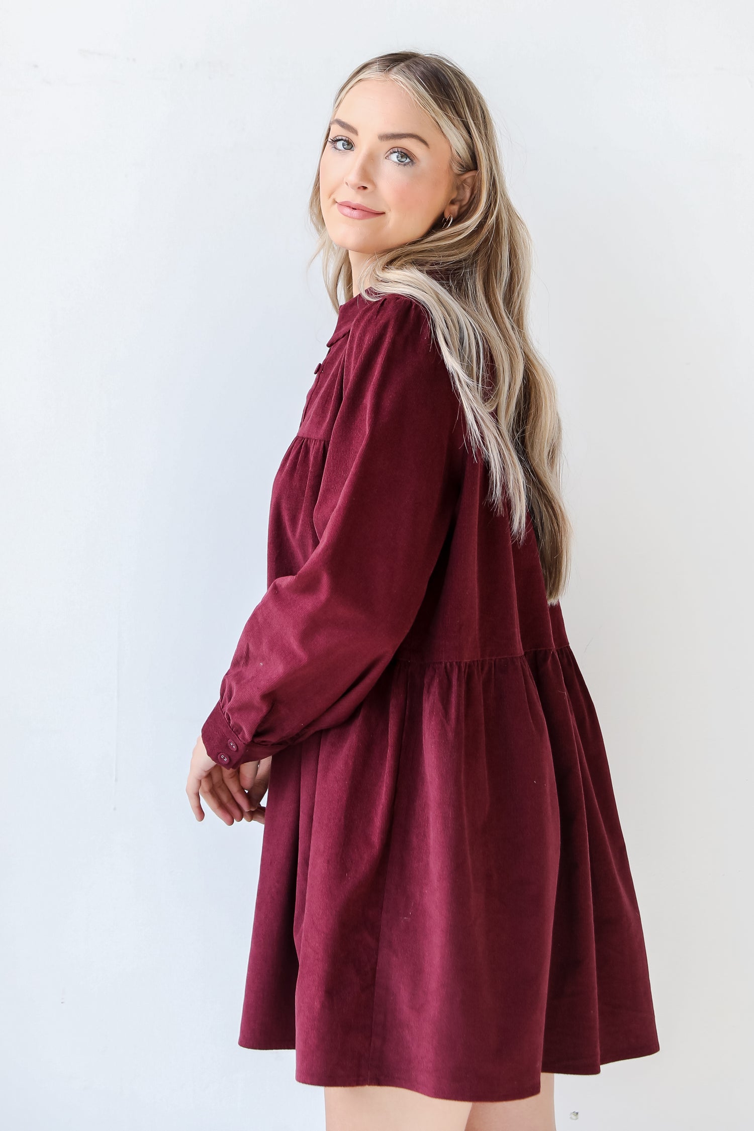 wine Corduroy Tiered Mini Dress side view