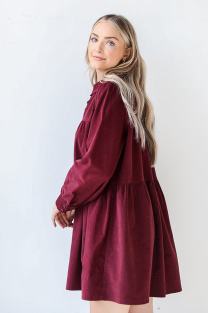 wine Corduroy Tiered Mini Dress side view