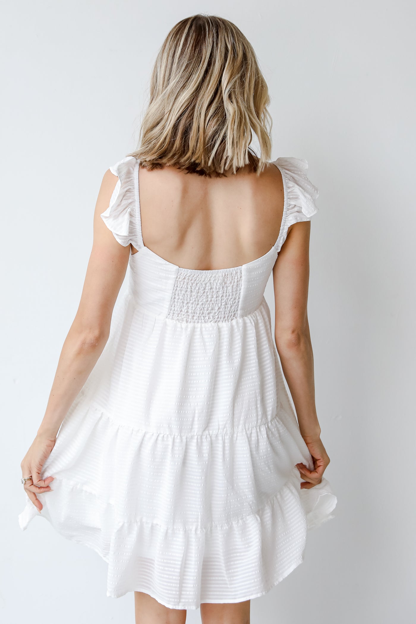 Tiered Mini Dress in white back view