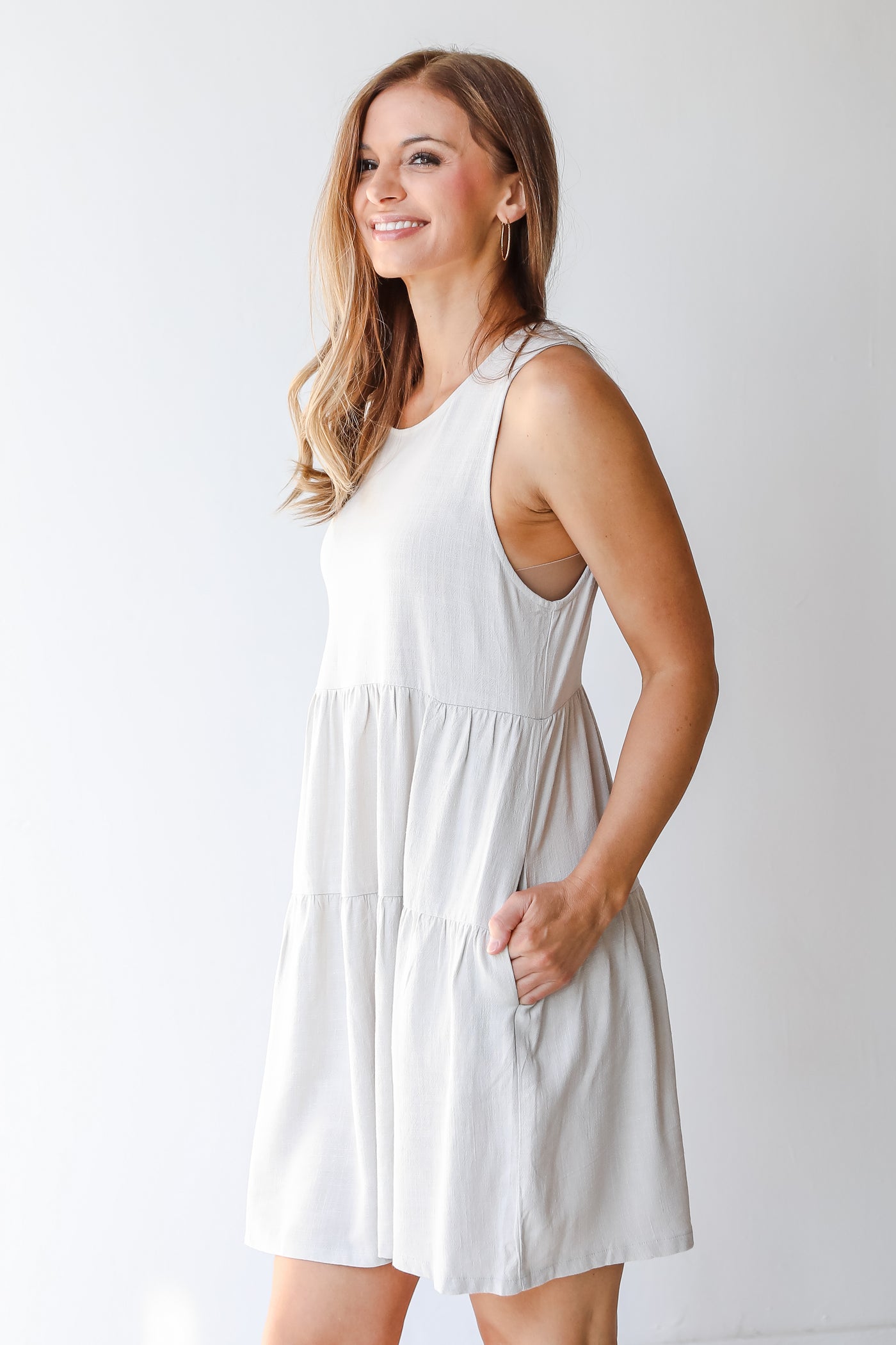 Linen Tiered Mini Dress in grey side view