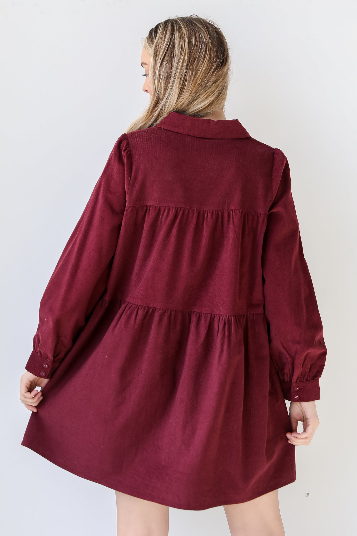 wine Corduroy Tiered Mini Dress back view