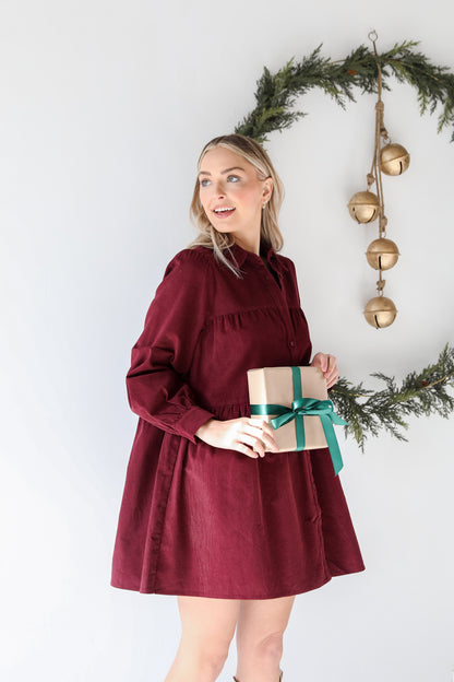 wine Corduroy Tiered Mini Dress on model