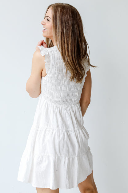 Smocked Tiered Mini Dress in ivory back view