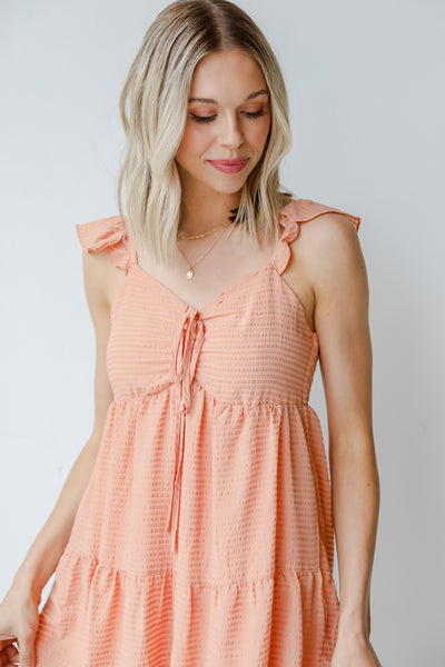 Tiered Mini Dress in coral close up