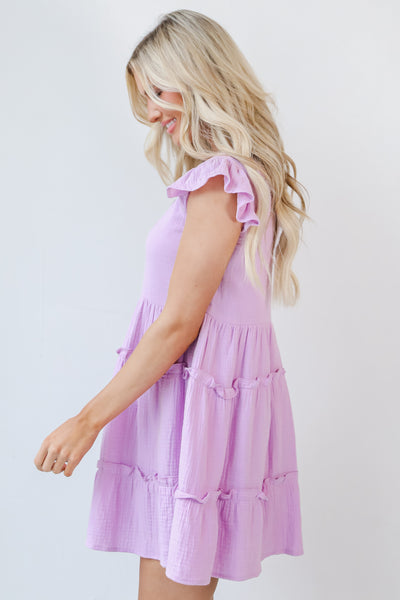 lavender Linen Tiered Mini Dress side view