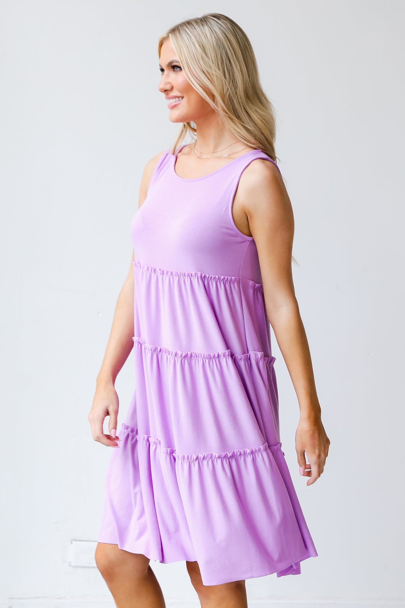 purple Tiered Mini Dress side view