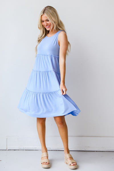 blue Tiered Mini Dress on model