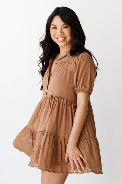 brown Tiered Mini Dress on dress up model