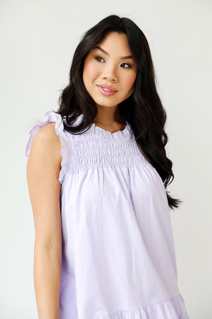 purple ruffle Mini Dress close up