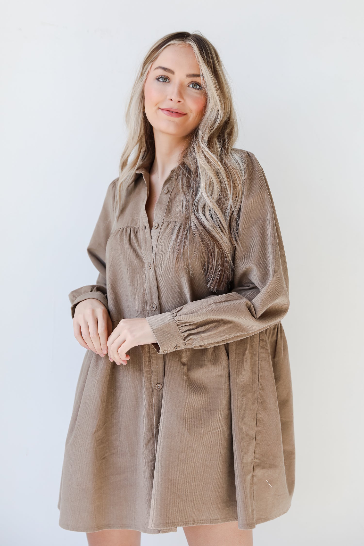 mocha Corduroy Tiered Mini Dress on model