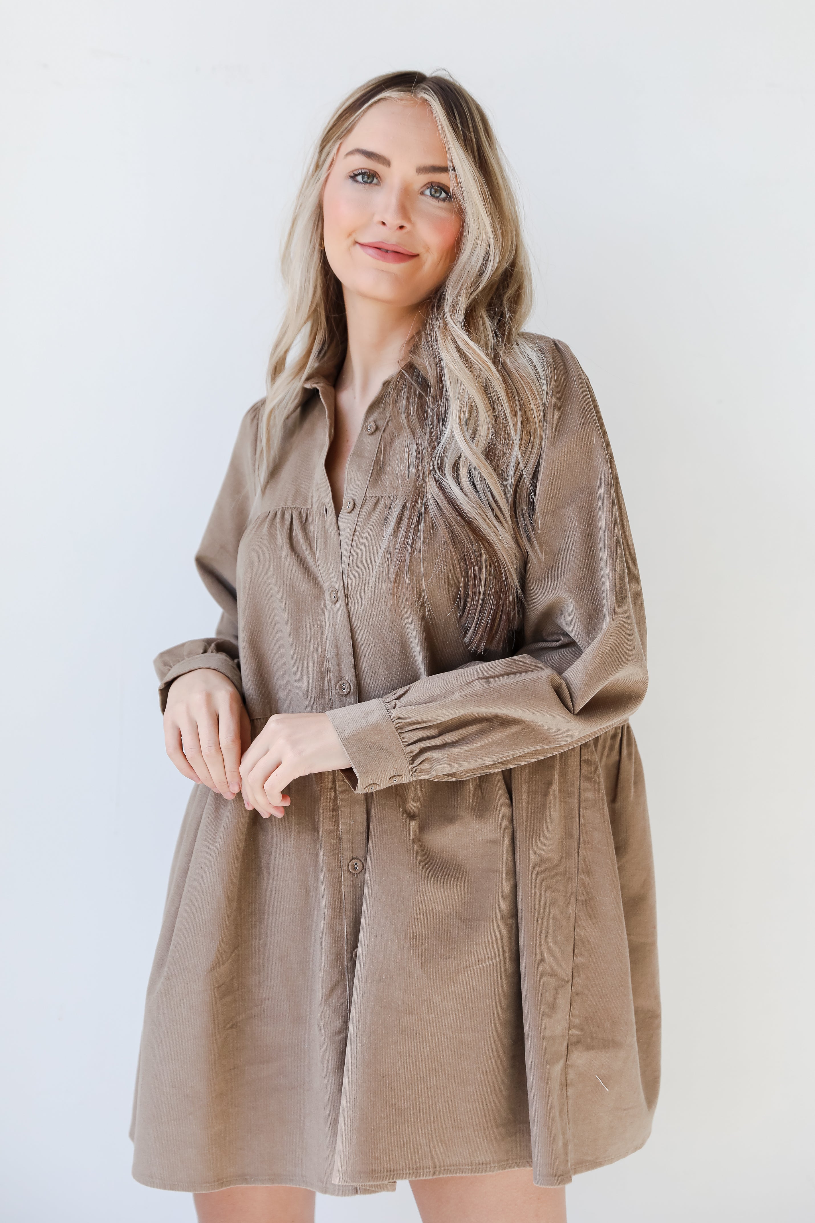 mocha Corduroy Tiered Mini Dress on model