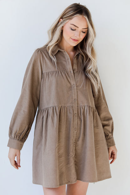 mocha Corduroy Tiered Mini Dress
