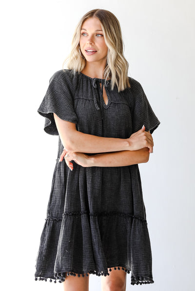 Linen Mini Dress in black on model