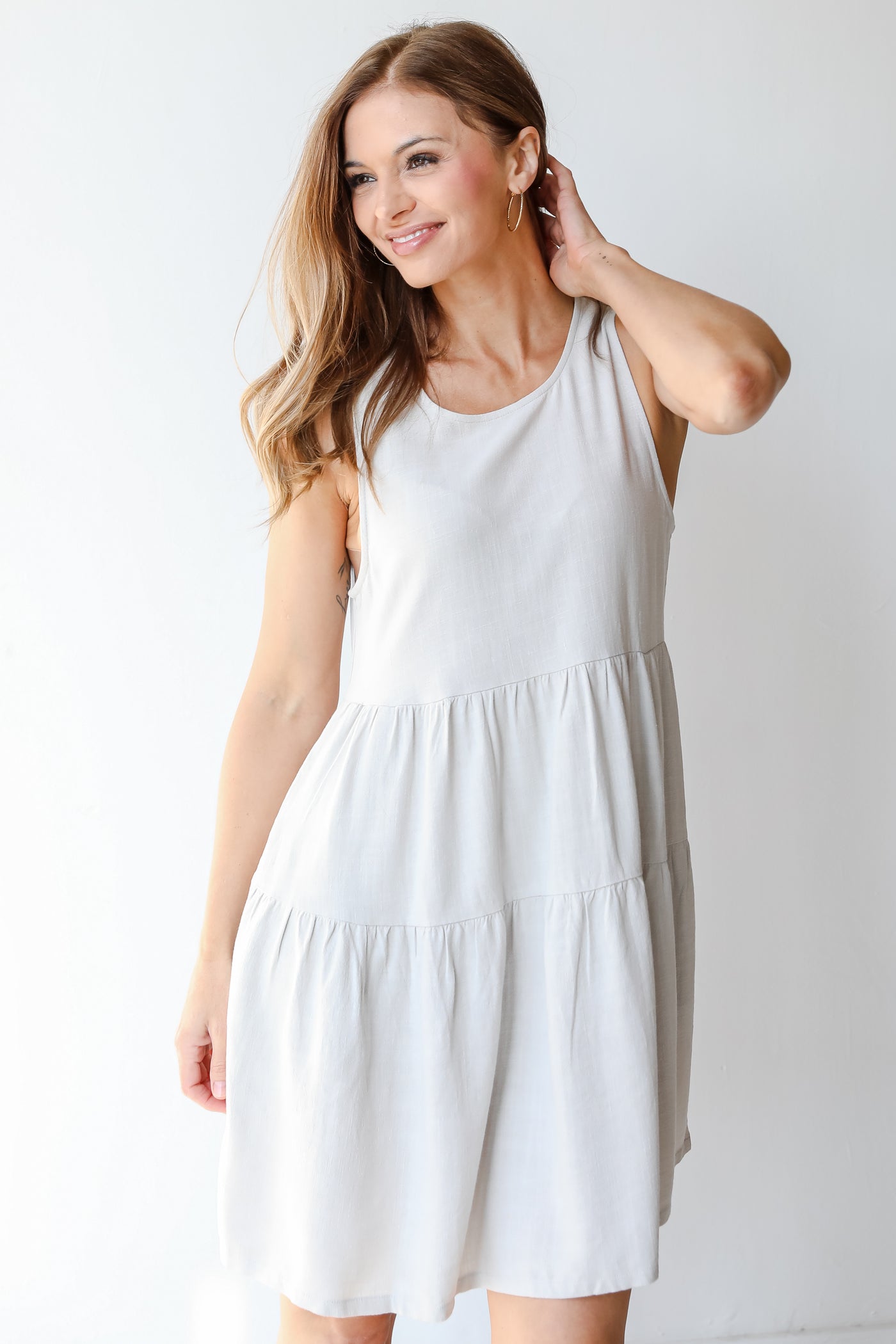Linen Tiered Mini Dress in grey front view