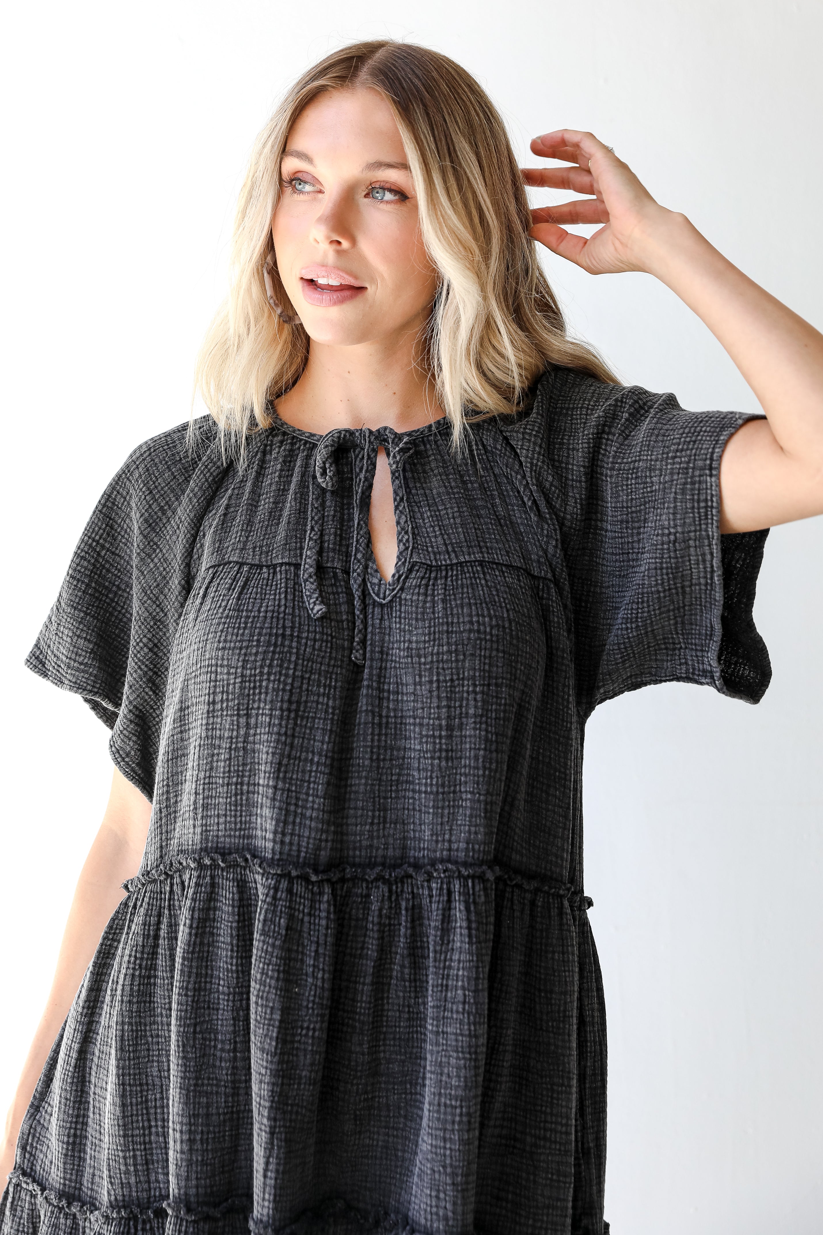 Linen Mini Dress in black close up