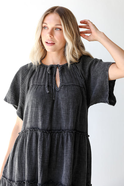 Linen Mini Dress in black close up