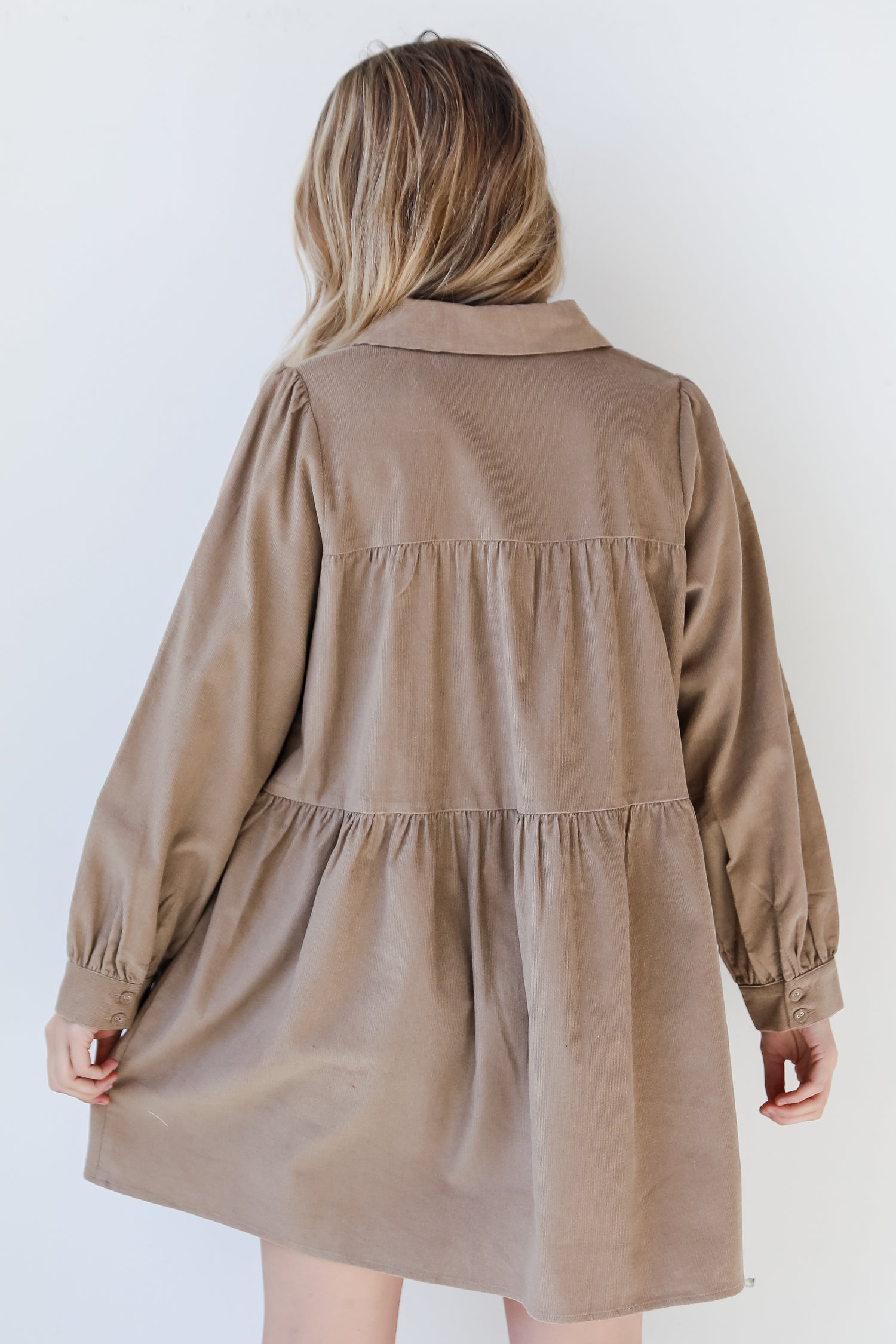 mocha Corduroy Tiered Mini Dress back view