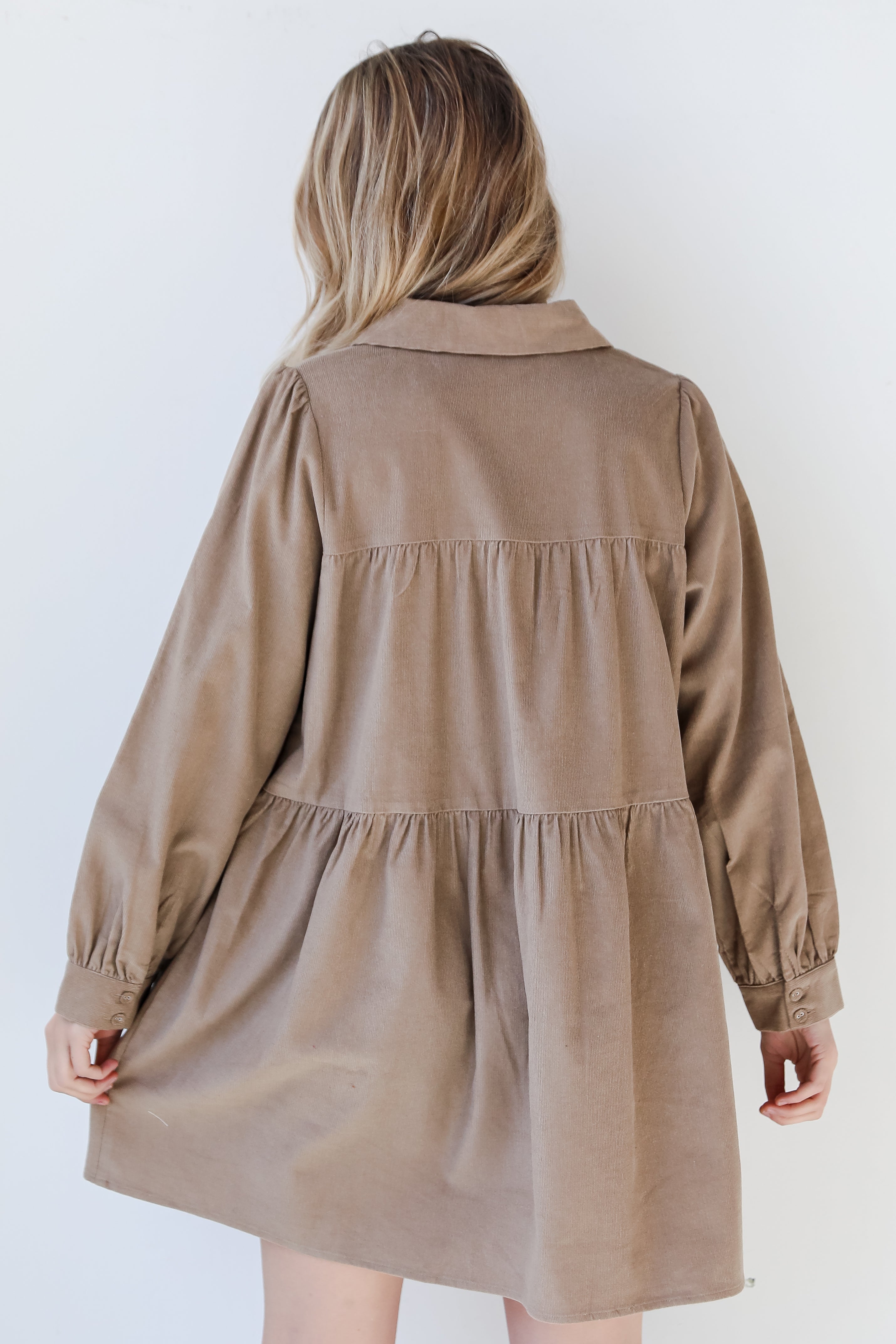 mocha Corduroy Tiered Mini Dress back view