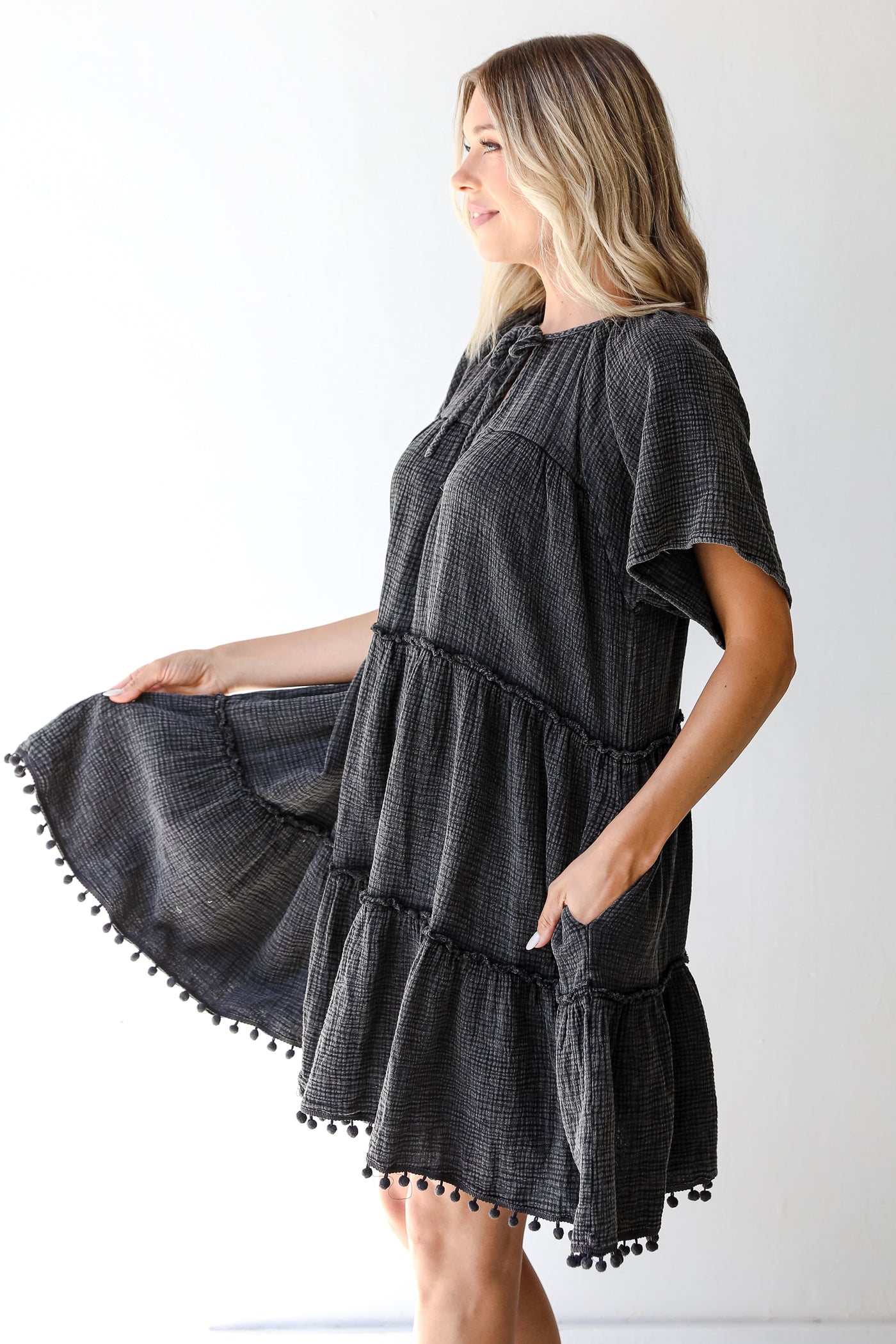Linen Mini Dress in black side view