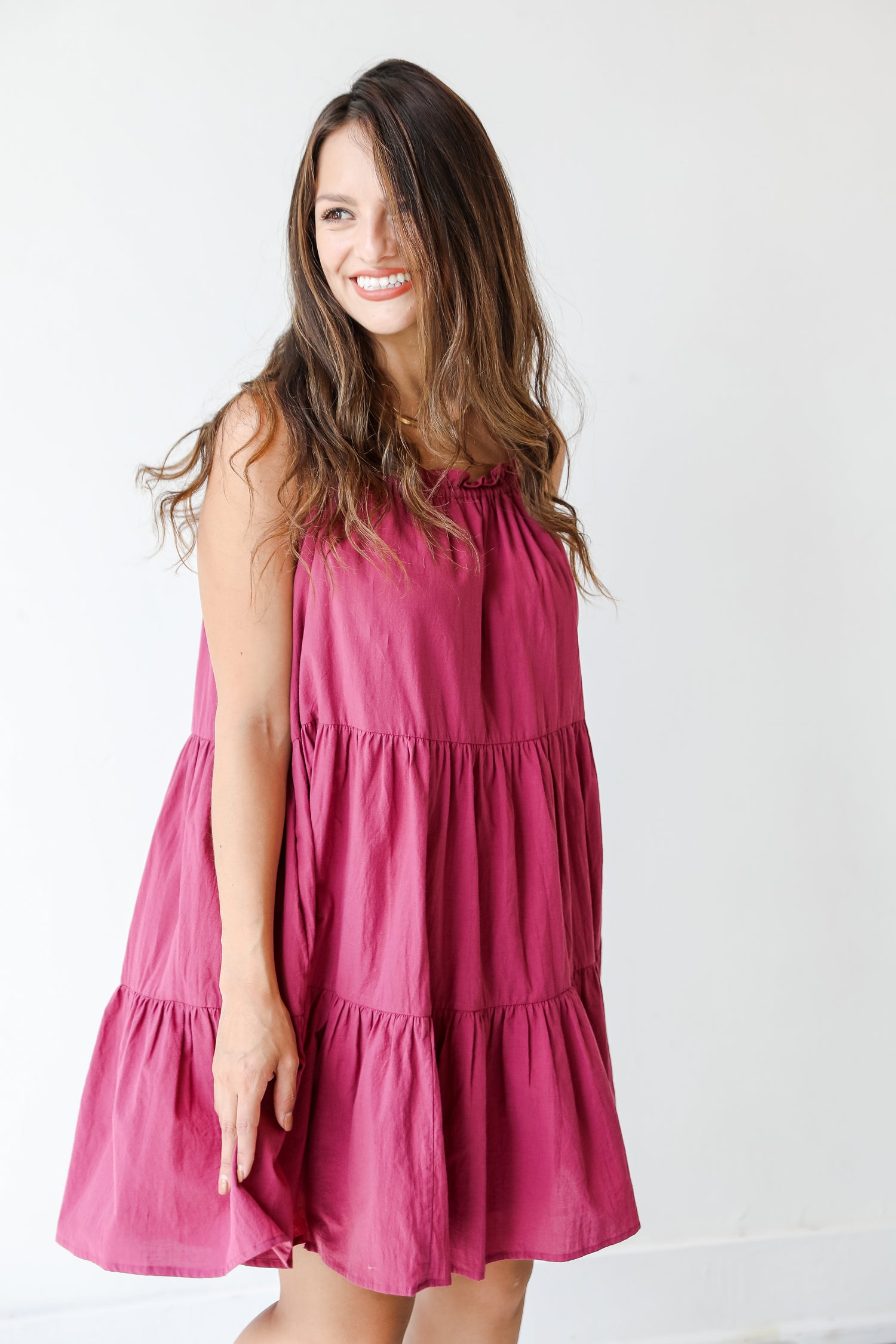 front view of a tiered mini dress