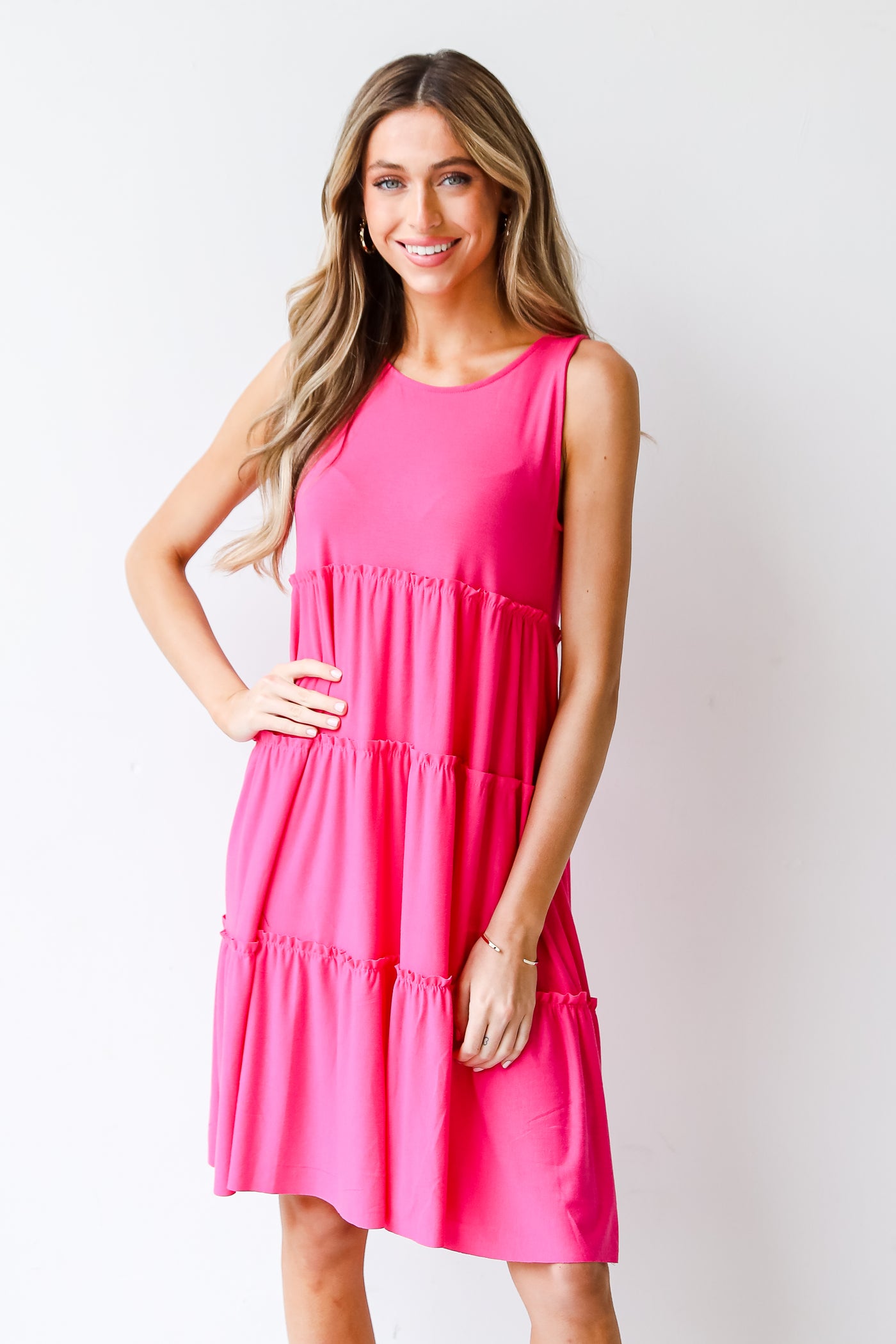 pink Tiered Mini Dress on model