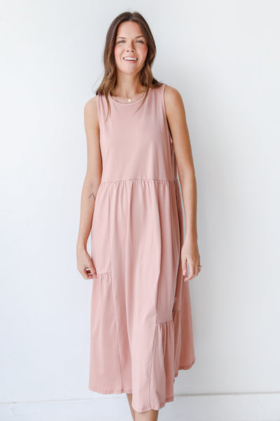 Tiered Maxi Dress in peach on model