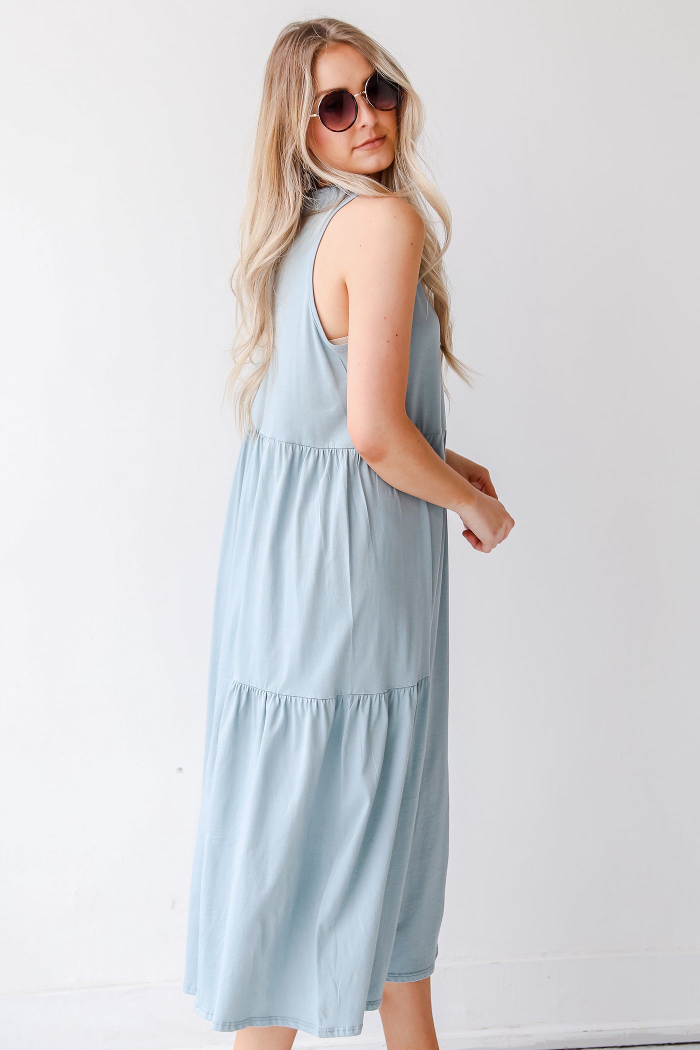 Tiered Maxi Dress in denim side view