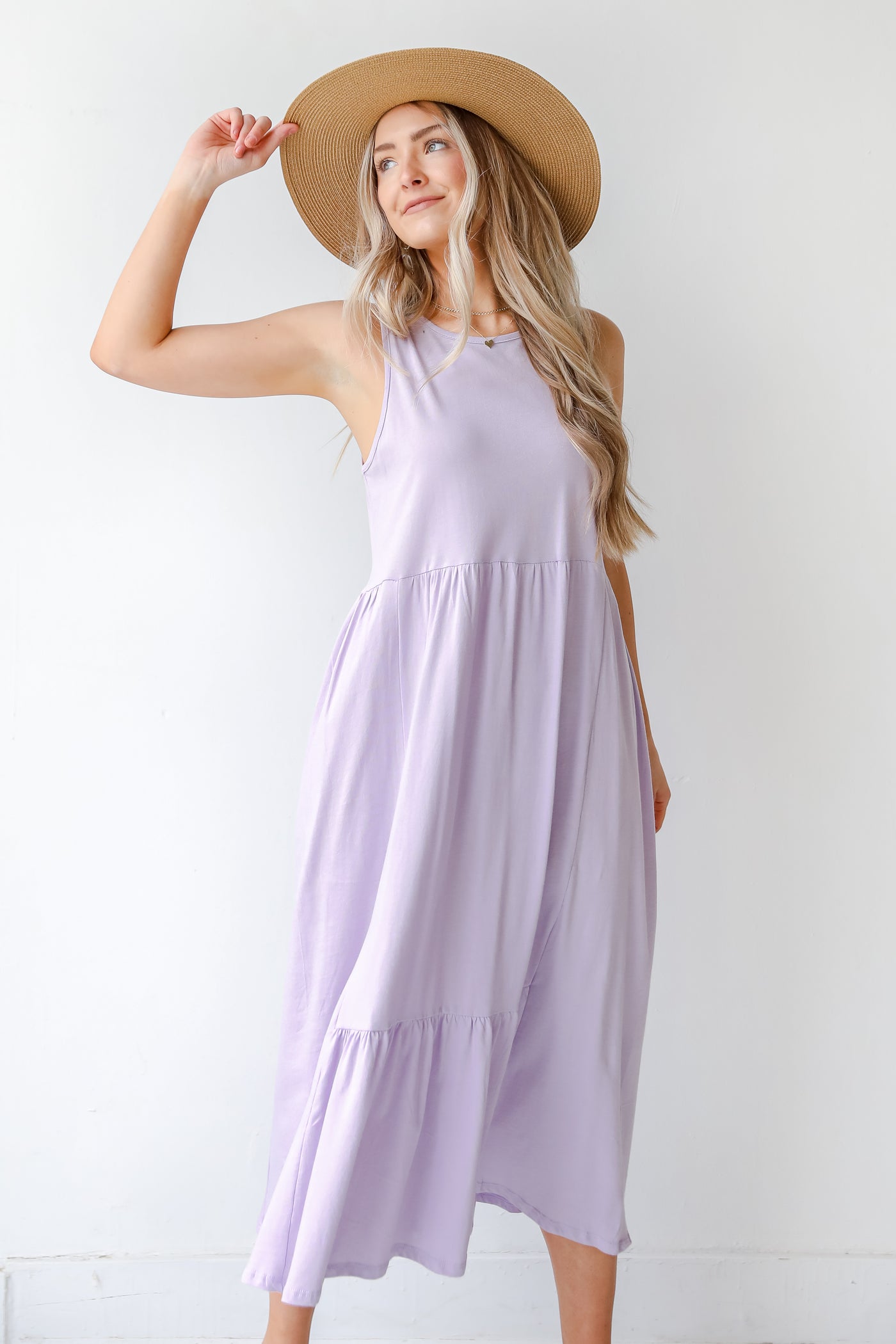 Tiered Maxi Dress in lilac on model
