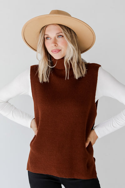brown Sleeveless Turtleneck Sweater on model