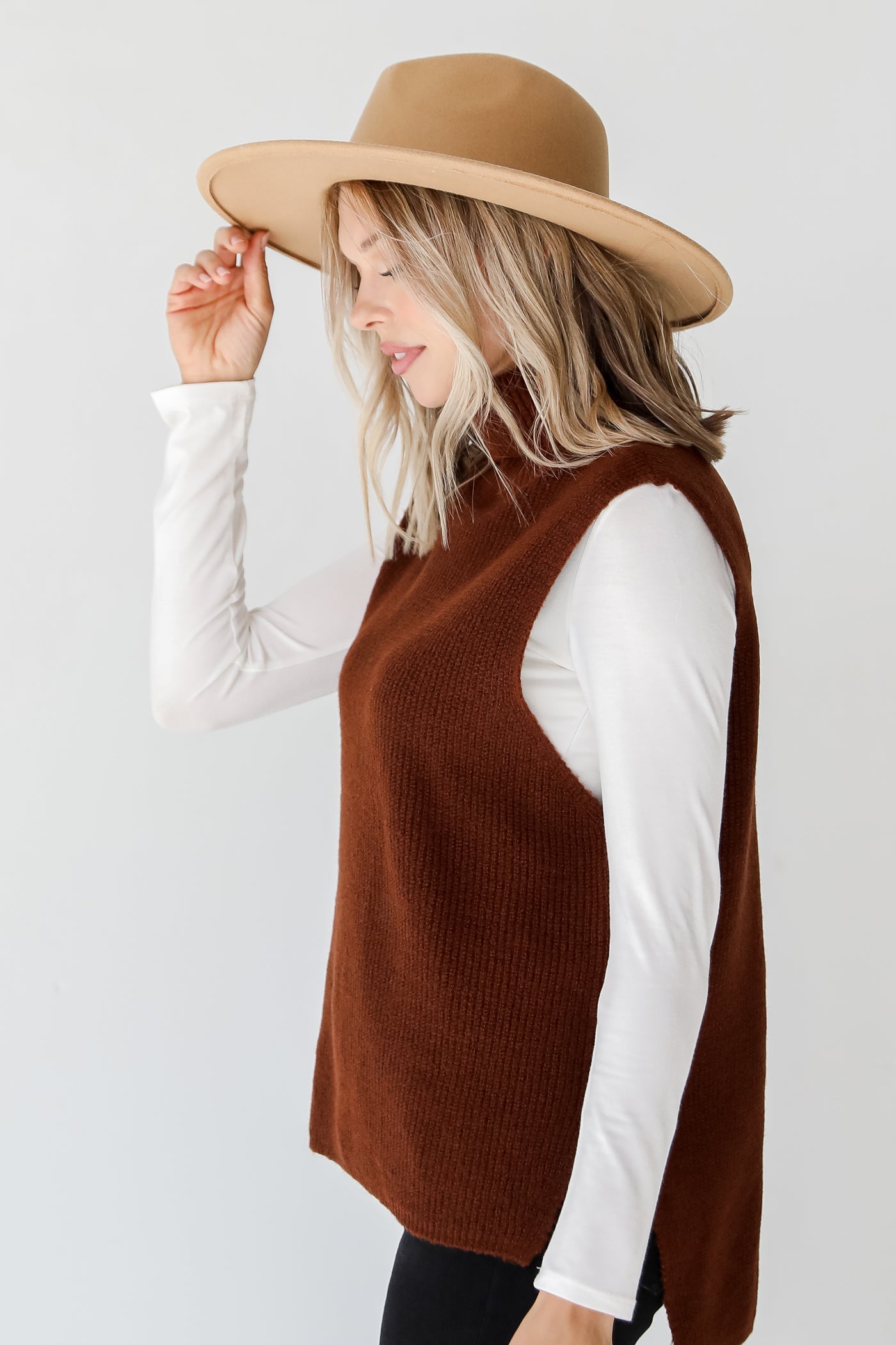 brown Sleeveless Turtleneck Sweater side view