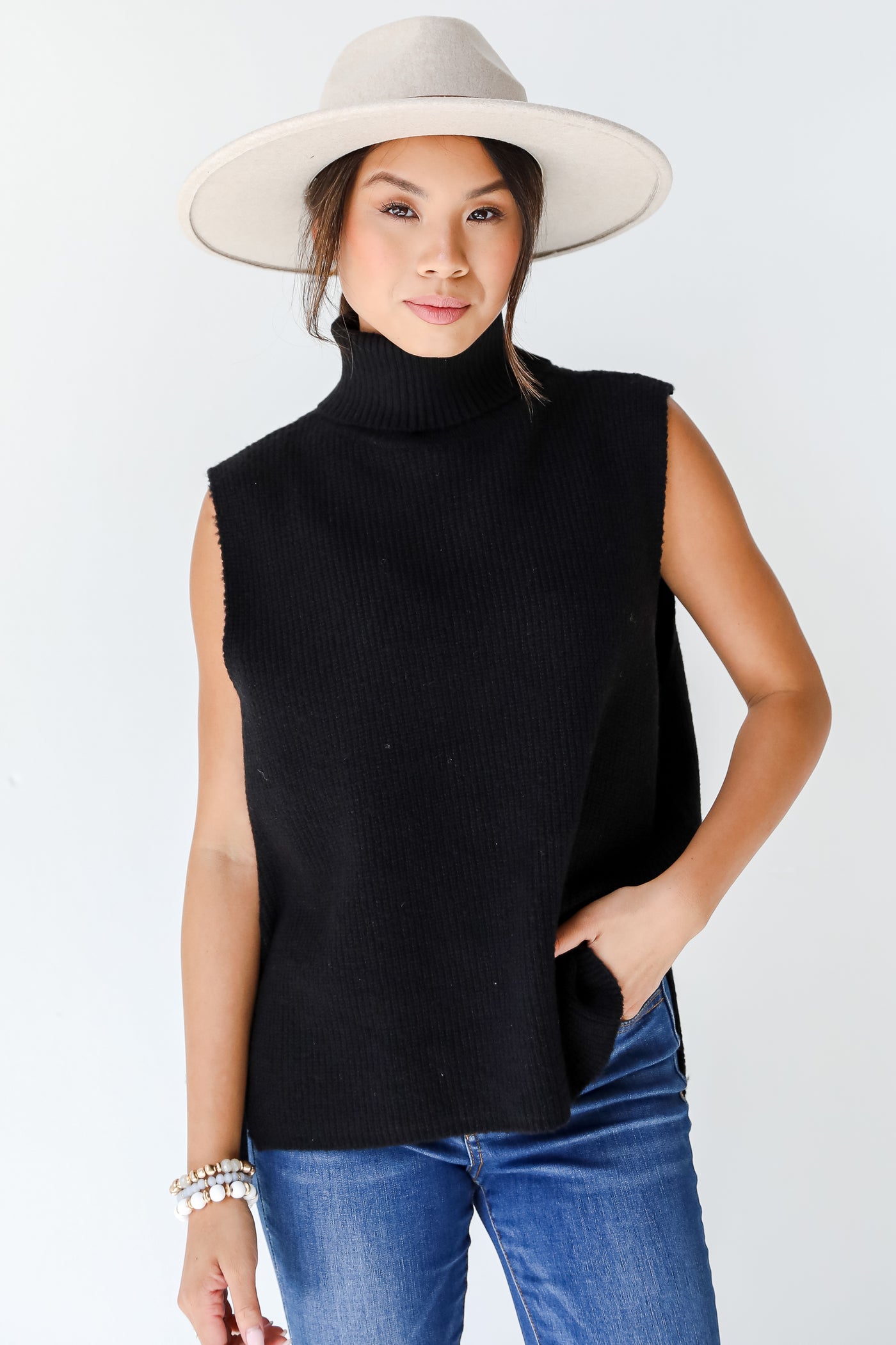 black Sleeveless Turtleneck Sweater