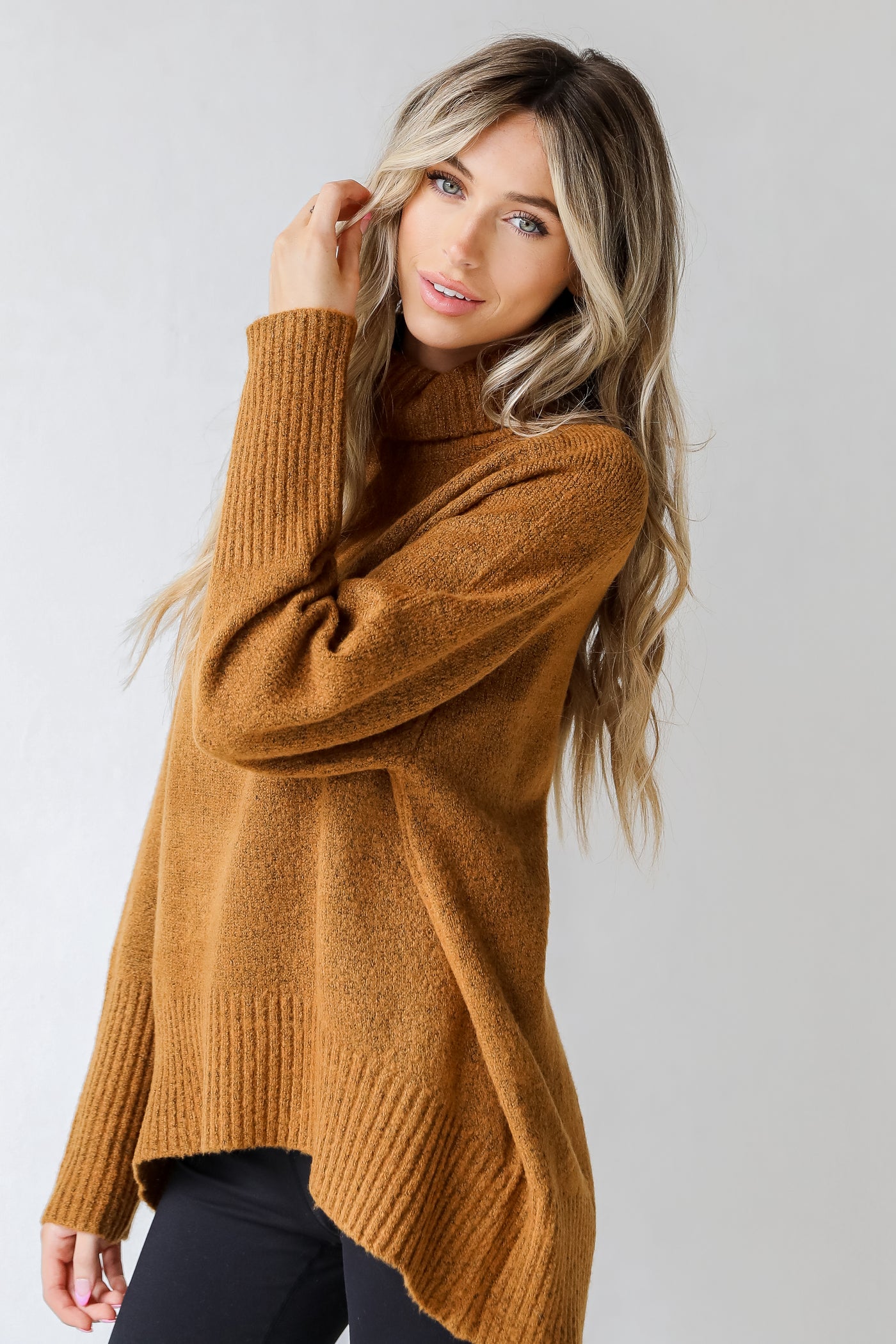 Turtleneck Sweater in camel side view