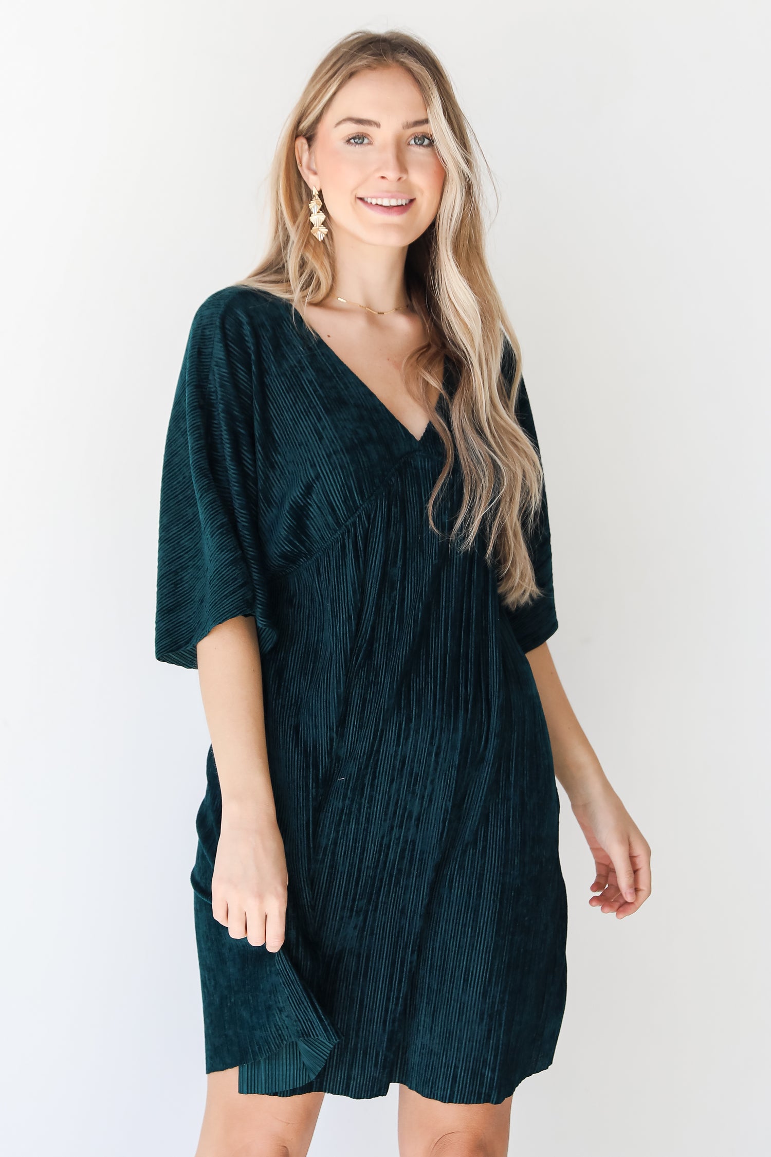 green Velvet Babydoll Mini Dress on model