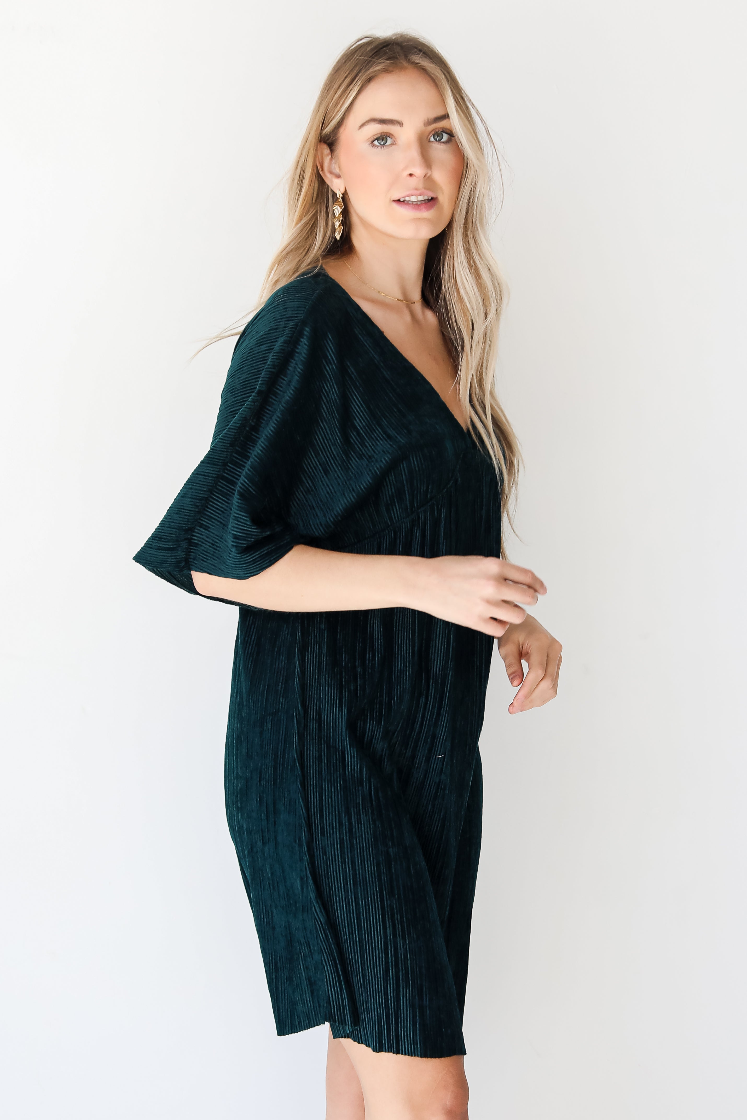 green Velvet Babydoll Mini Dress side view