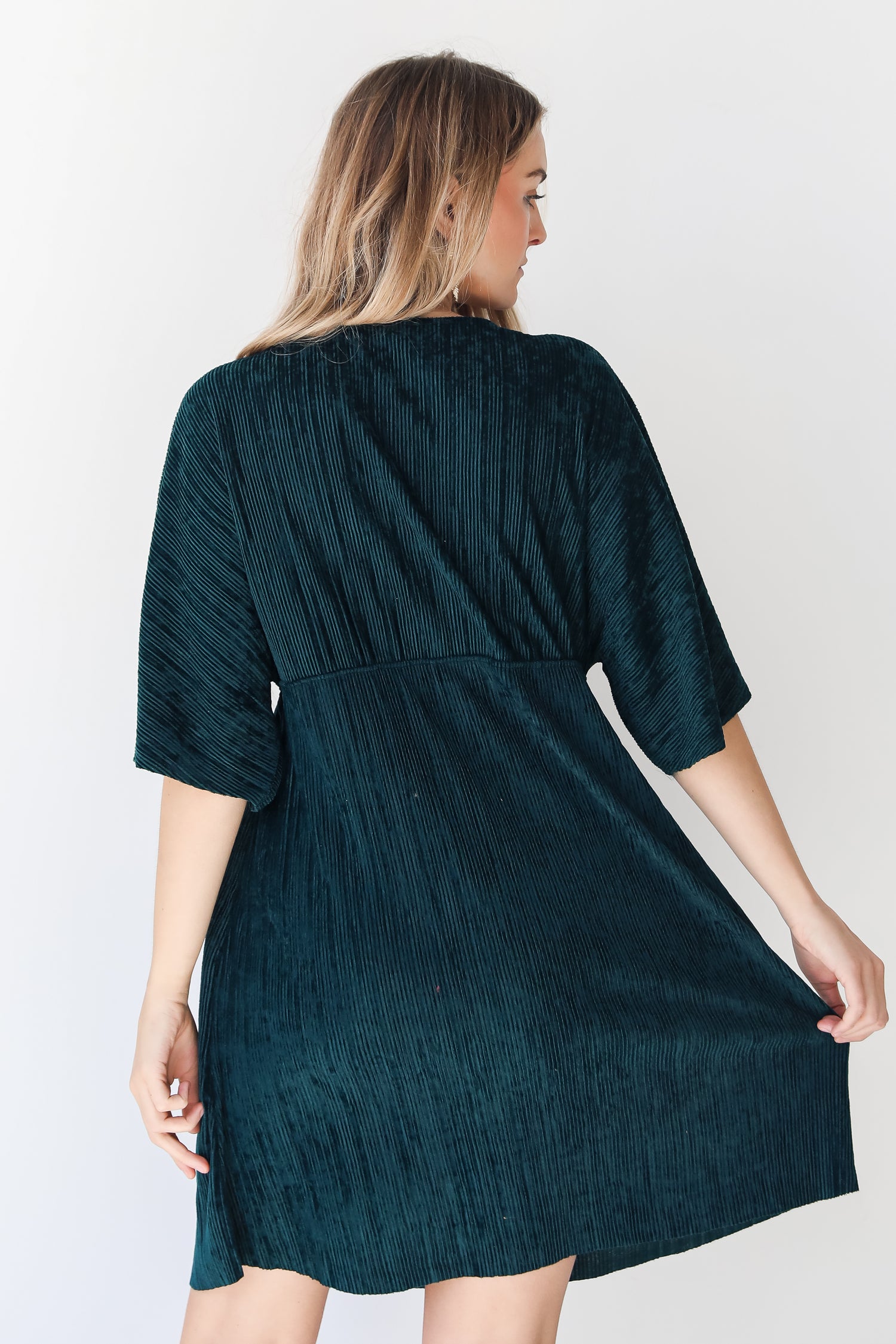 green Velvet Babydoll Mini Dress back view