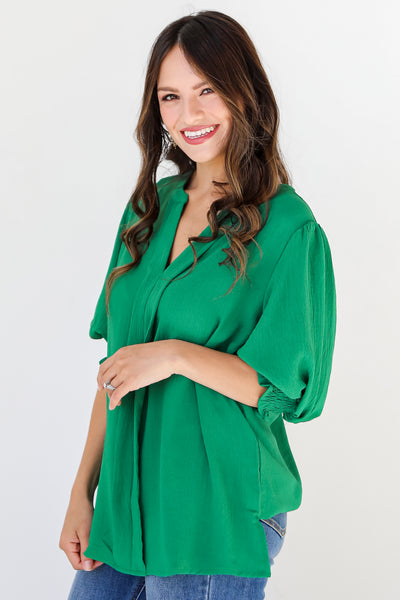green puff sleeve blouse side view