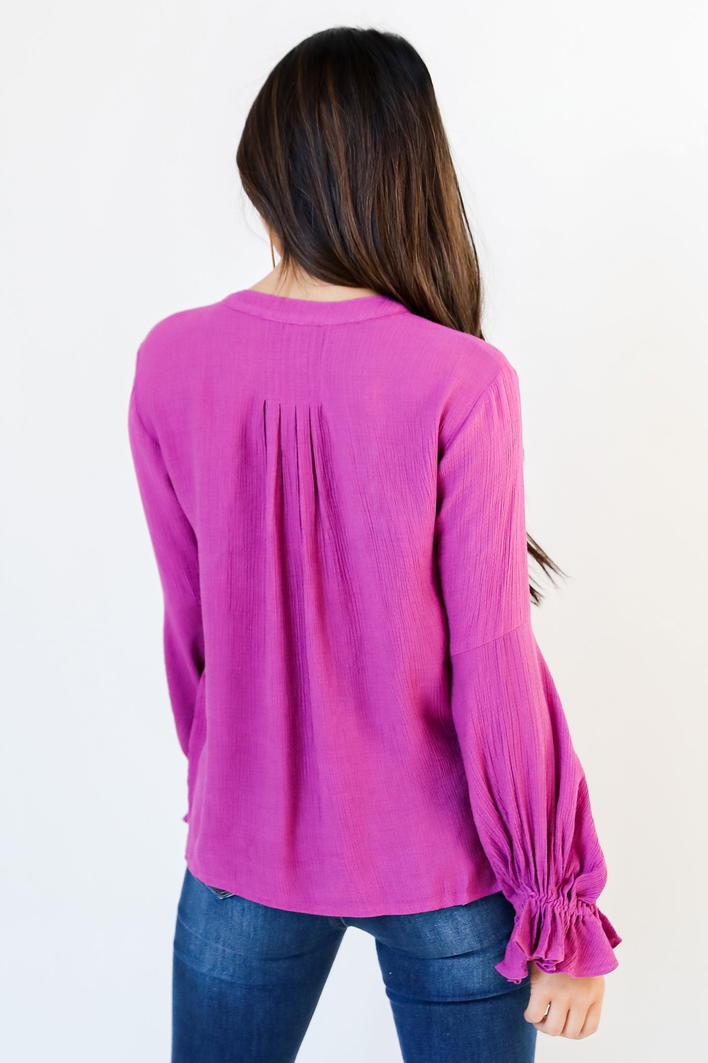 magenta flounce sleeve blouse back view