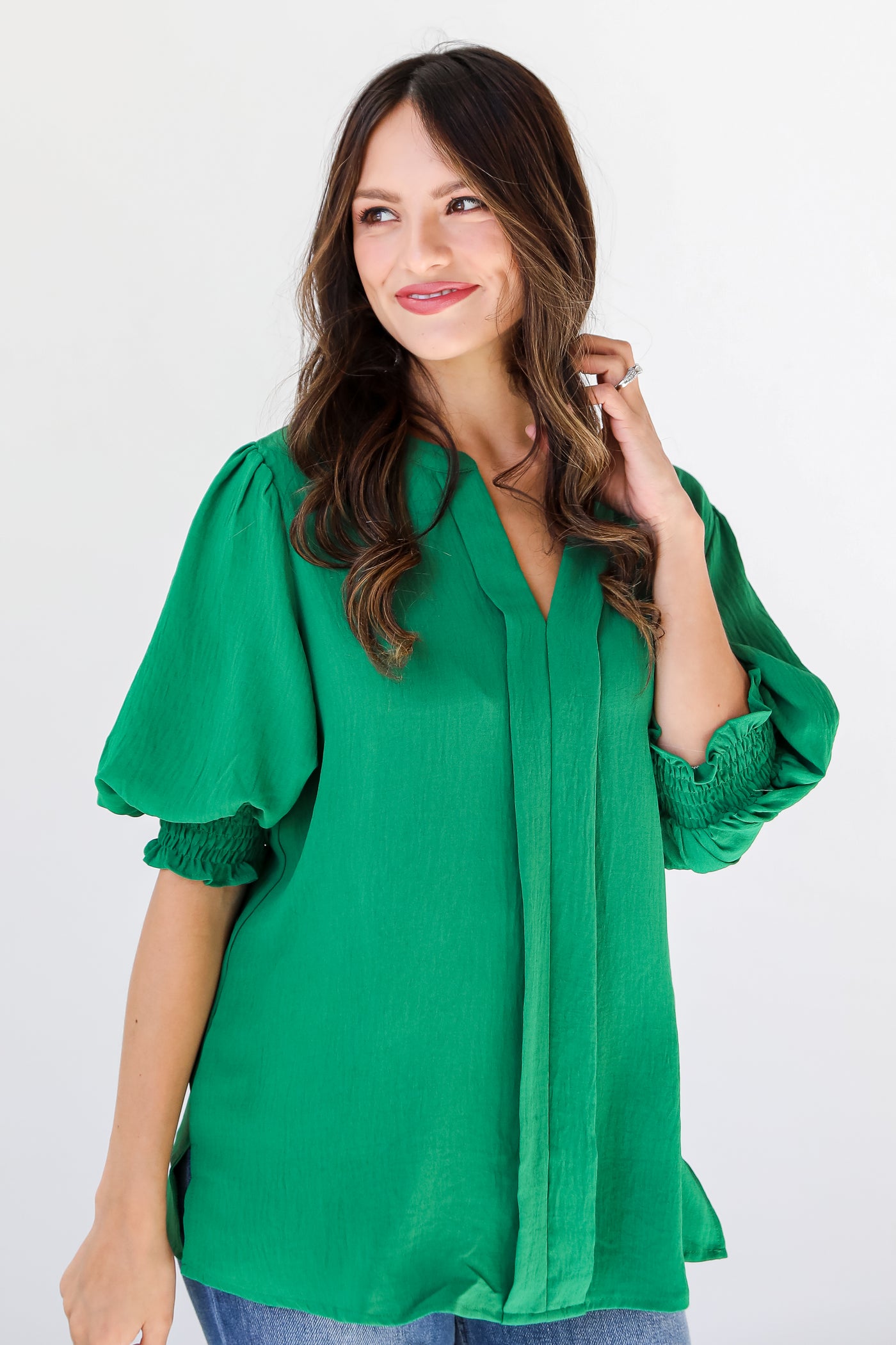 green puff sleeve blouse front view