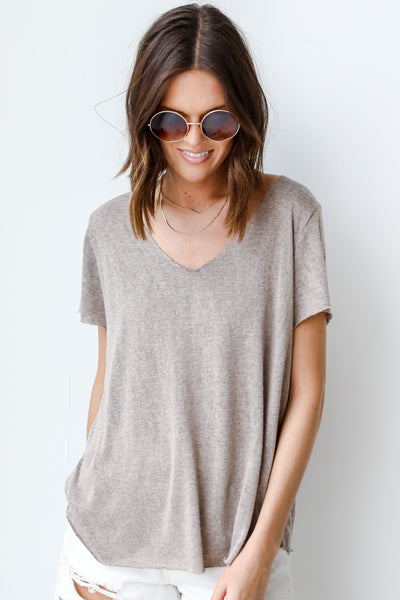 Knit V-Neck Tee in taupe front view